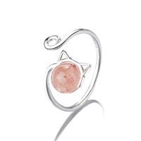 Brass Cuff Finger Ring, with Strawberry Quartz, platinum plated, for woman US Ring 