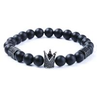 Agate Bracelets, with Brass, Crown, gun black plated, Unisex & micro pave cubic zirconia, 8mm Approx 7.6 Inch 