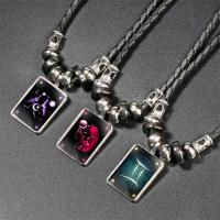 Time Gem Jewelry Necklace, PU Leather, with Paper & Glass & Zinc Alloy, Rectangle, silver color plated, Zodiac symbols jewelry & Unisex Approx 19.6 Inch 
