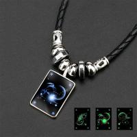 Time Gem Jewelry Necklace, PU Leather, with Glass & Zinc Alloy, with 2inch extender chain, Rectangle, silver color plated, Zodiac symbols jewelry & Unisex Approx 19.6 Inch 