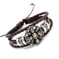 PU Leather Cord Bracelets, with Hematite & Zinc Alloy, Skull, silver color plated, Adjustable & Unisex & multi-strand 6mm Approx 7 Inch 