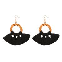 Rattan Tassel Earring, with Cotton Thread & Zinc Alloy, gold color plated, Bohemian style & hypo allergic 