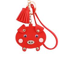 Zinc Alloy Key Chain, with PU Leather, Pig, gold color plated, with rhinestone 