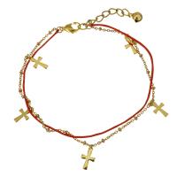 Stainless Steel Charm Bracelet, with Nylon Cord, with 1.5Inch extender chain, Cross, gold color plated, with bell & oval chain & for woman &   1mm Approx 8.5 Inch 