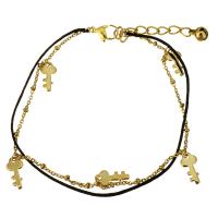 Stainless Steel Charm Bracelet, with Nylon Cord, with 1.5Inch extender chain, Key, gold color plated, with bell & oval chain & for woman &   1mm Approx 9 Inch 