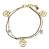 Stainless Steel Charm Bracelet, with Nylon Cord & Crystal, with 1.5Inch extender chain, Flower, gold color plated, with bell & oval chain & for woman &   1mm Approx 8.5 Inch 
