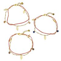 Stainless Steel Charm Bracelet, with Nylon Cord & Crystal, with 1.5Inch extender chain, Leaf, gold color plated, with bell & oval chain & for woman 1mm Approx 8.5 Inch 