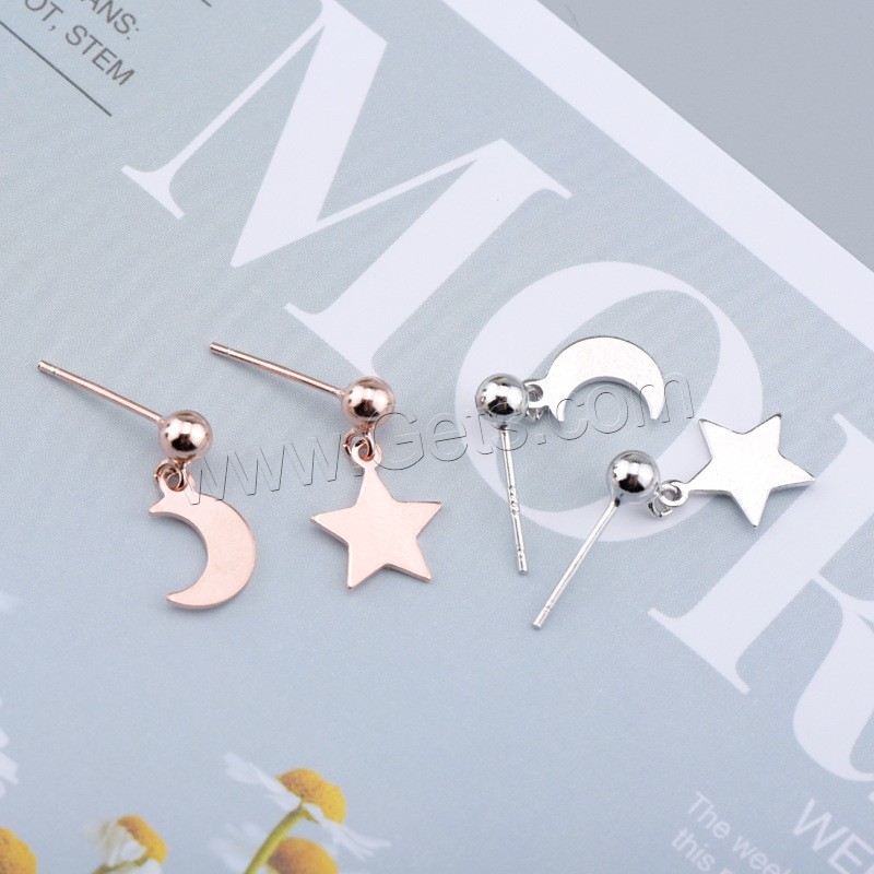 925 Sterling Silver Asymmetric Stud Earrings, Moon and Star, plated, different styles for choice & for woman, more colors for choice, 7.5mm, 9.5mm, 4mm, Sold By Pair