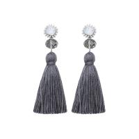 Zinc Alloy Tassel Earring, with Cotton Thread & Crystal, silver color plated, Bohemian style 