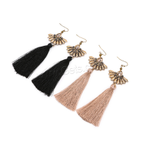 Zinc Alloy Tassel Earring, with Cotton Thread, antique gold color plated, Bohemian style & hypo allergic & with rhinestone 