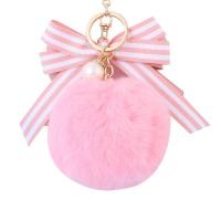 Plush Key Chain, with Plastic Pearl & Zinc Alloy, rose gold color plated, cute & with ribbon bowknot decoration & with rhinestone 