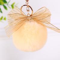 Zinc Alloy Key Chain, with Rex Rabbit Fur, rose gold color plated, with ribbon bowknot decoration 