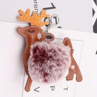 Plush Key Chain, with PU Leather & Iron, Christmas Reindeer, silver color plated, cute 80mm 