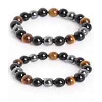 Black Agate Bracelet, with Crystal Thread & Tiger Eye & Hematite & Glass, Ball & Unisex & radiation protection, 10mm Approx 7 Inch 