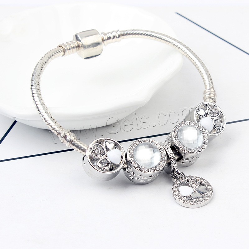 Zinc Alloy European Bracelets, with Cats Eye, silver color plated, different length for choice & snake chain & for woman & with rhinestone, Sold By Strand