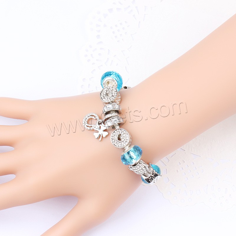 Zinc Alloy European Bracelets, with Cats Eye & Lampwork, silver color plated, different length for choice & snake chain & for woman & with rhinestone, more colors for choice, Sold By Strand