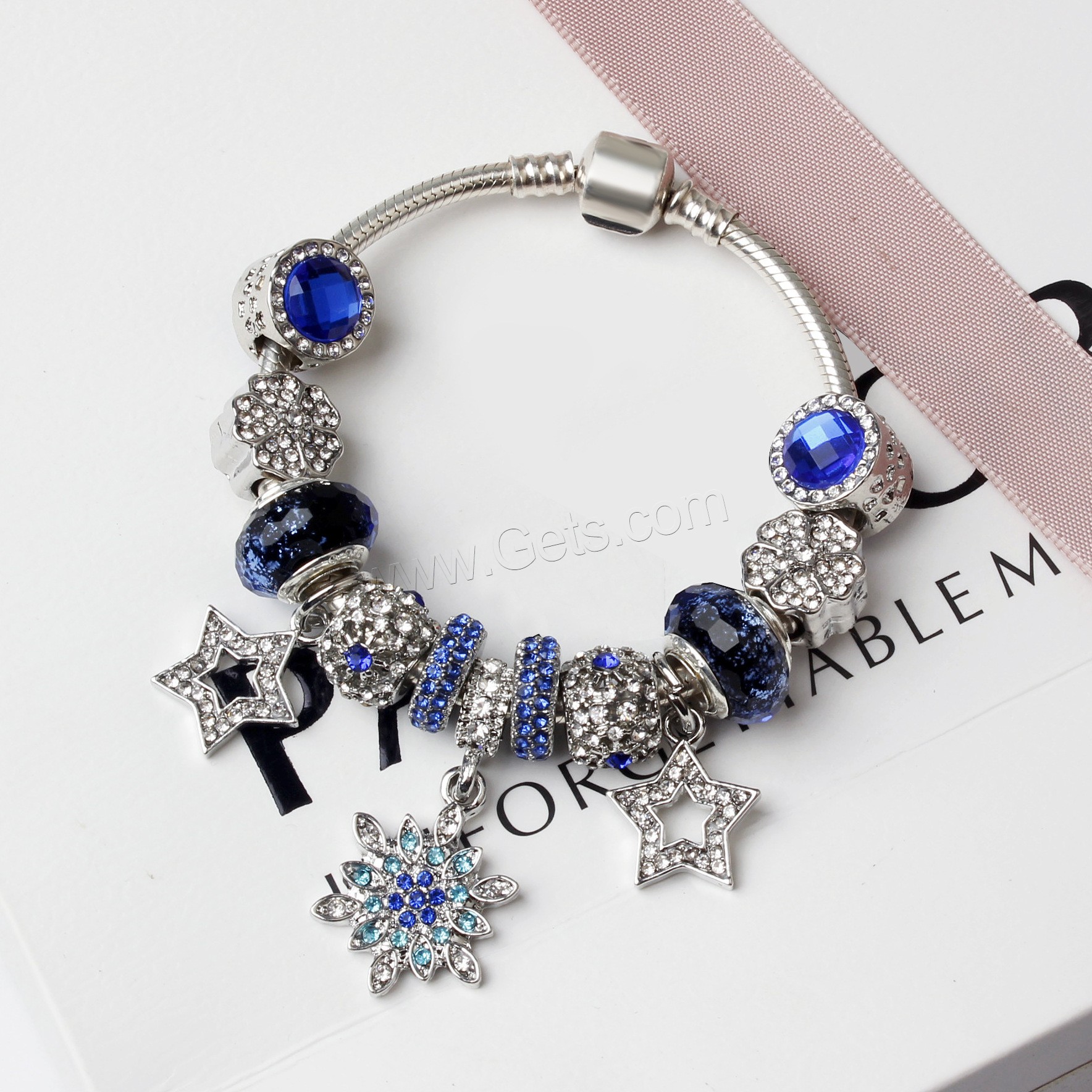 Zinc Alloy European Bracelet, with Cats Eye & Lampwork, silver color plated, different length for choice & snake chain & for woman & with rhinestone, Sold By Strand