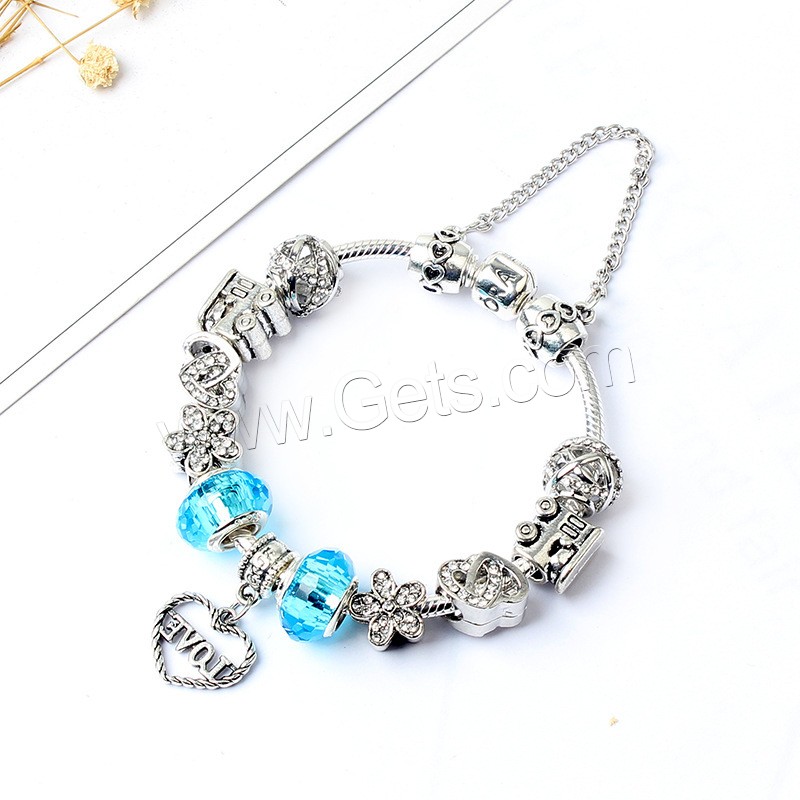 Zinc Alloy European Bracelet, with Lampwork, silver color plated, different length for choice & snake chain & for woman & with rhinestone, Sold By Strand