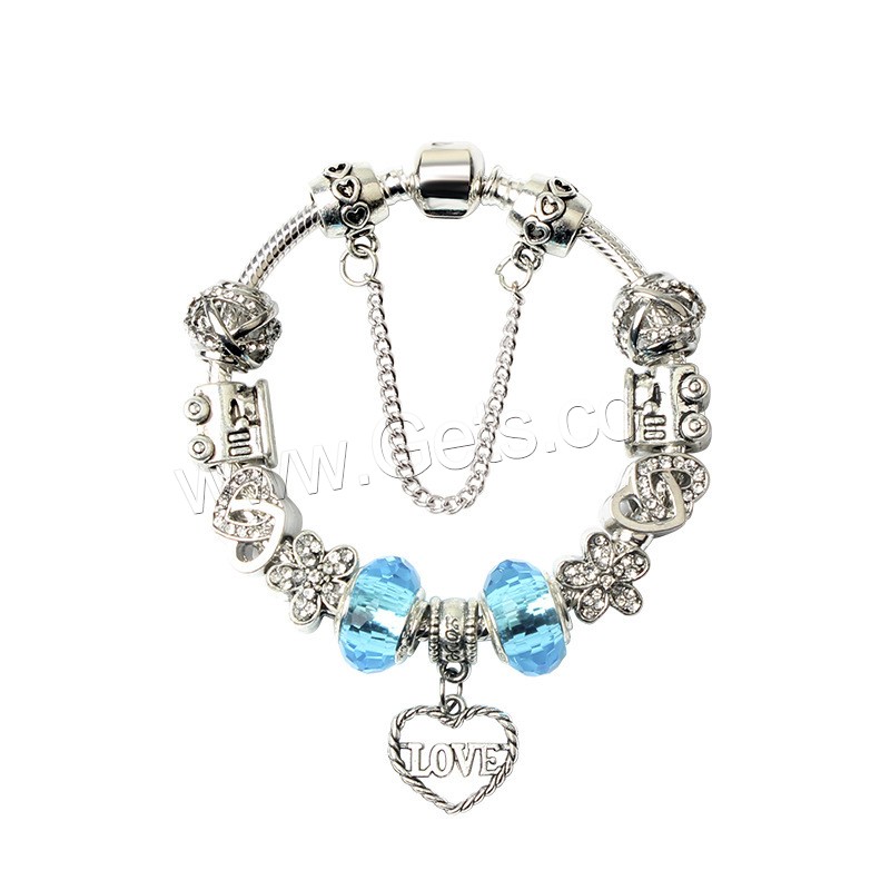 Zinc Alloy European Bracelet, with Lampwork, silver color plated, different length for choice & snake chain & for woman & with rhinestone, Sold By Strand