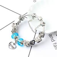 Zinc Alloy European Bracelet, with Lampwork, silver color plated & snake chain & for woman & with rhinestone 
