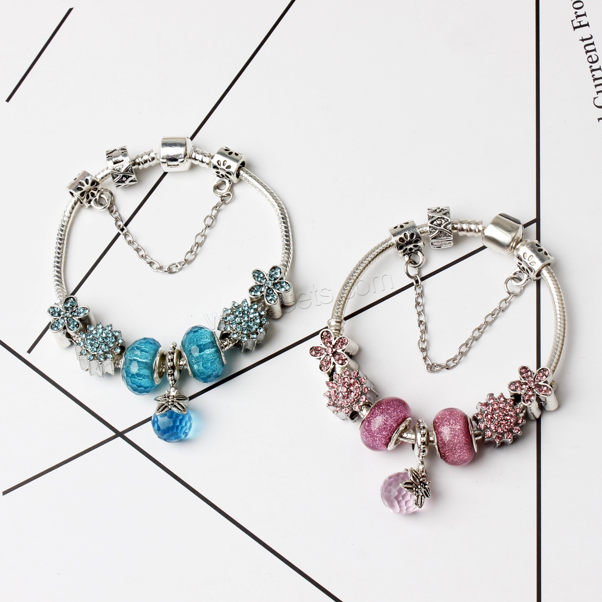 Zinc Alloy European Bracelet, with Lampwork, silver color plated, different length for choice & snake chain & for woman & with rhinestone, more colors for choice, Sold By Strand