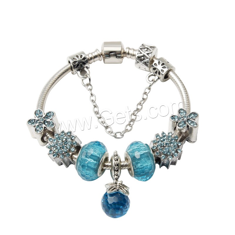 Zinc Alloy European Bracelet, with Lampwork, silver color plated, different length for choice & snake chain & for woman & with rhinestone, more colors for choice, Sold By Strand