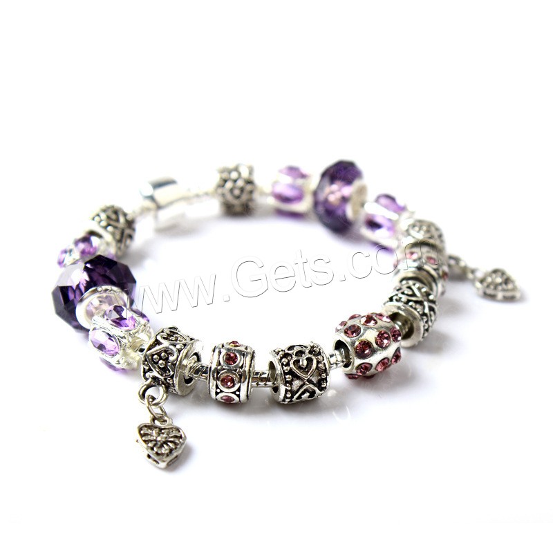 Zinc Alloy European Bracelets, with Lampwork, silver color plated, different length for choice & snake chain & for woman & with rhinestone, more colors for choice, Sold By Strand