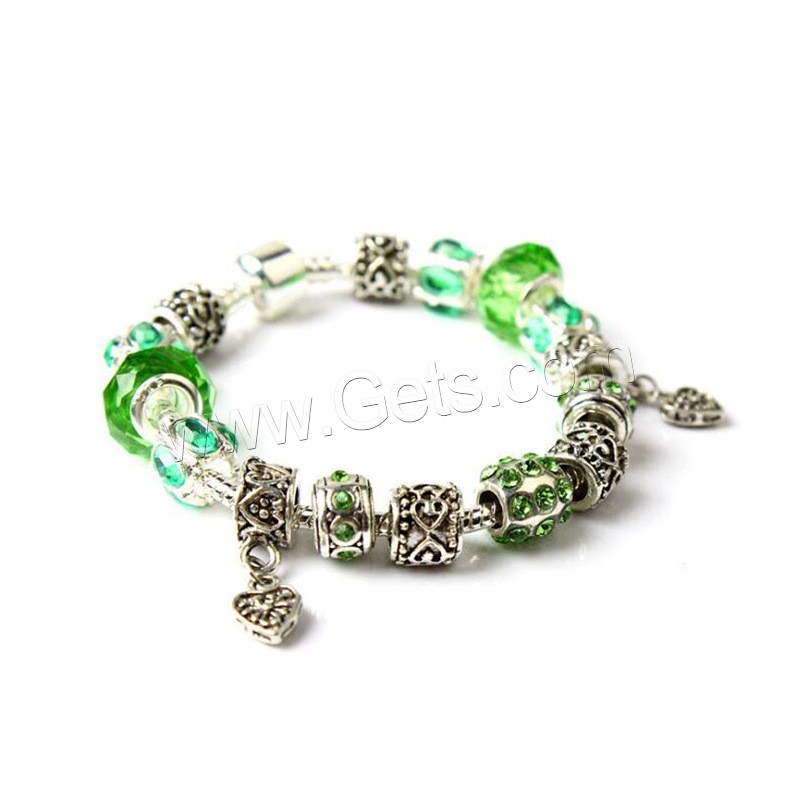 Zinc Alloy European Bracelets, with Lampwork, silver color plated, different length for choice & snake chain & for woman & with rhinestone, more colors for choice, Sold By Strand