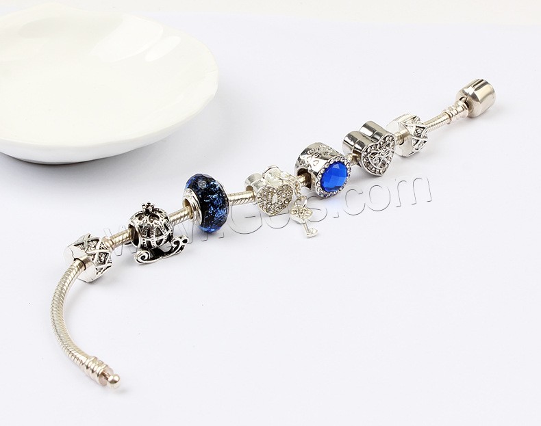 Zinc Alloy European Bracelets, with Cats Eye & Lampwork, silver color plated, different length for choice & snake chain & for woman & with rhinestone, Sold By Strand