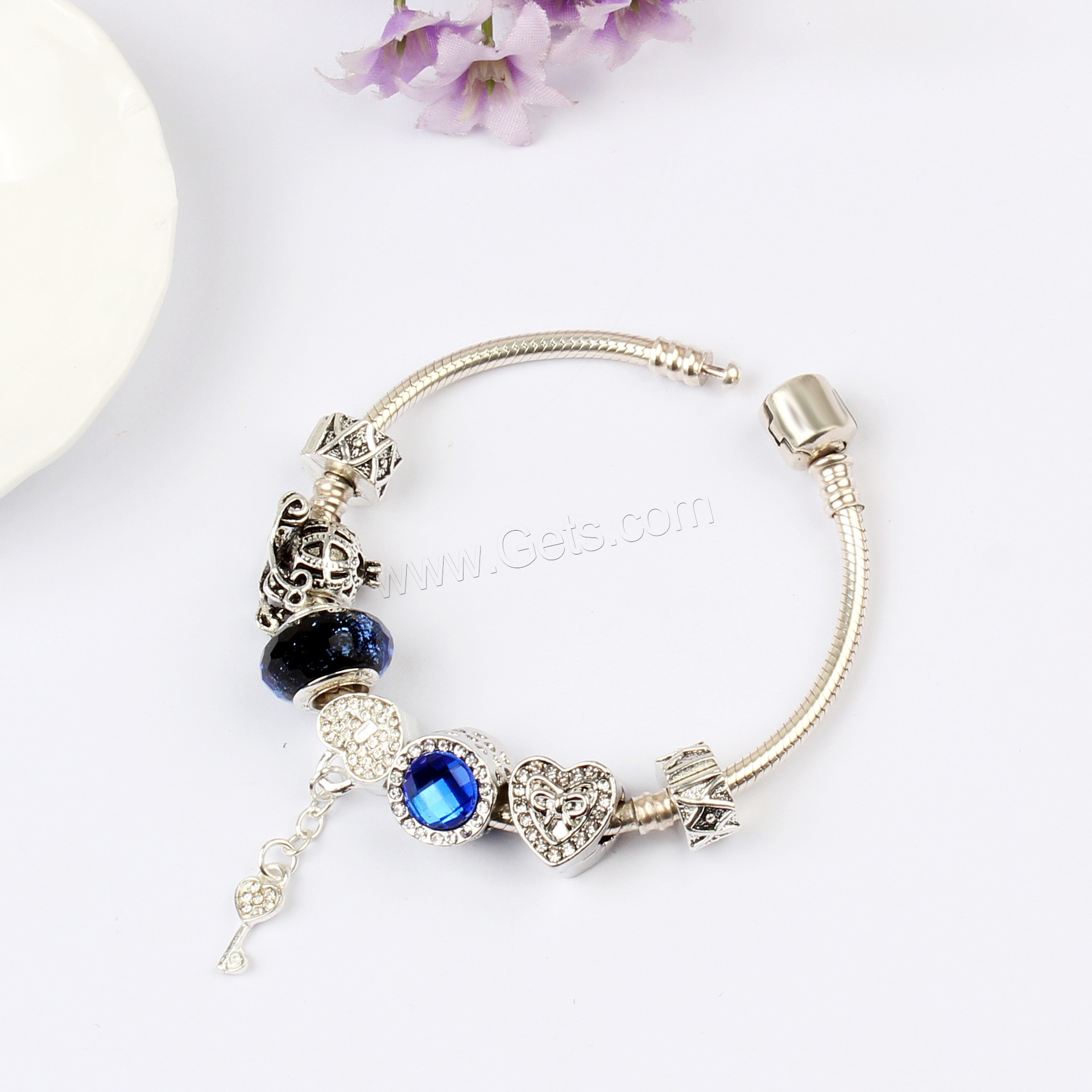 Zinc Alloy European Bracelets, with Cats Eye & Lampwork, silver color plated, different length for choice & snake chain & for woman & with rhinestone, Sold By Strand