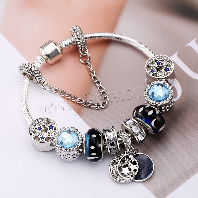 Zinc Alloy European Bracelets, with Cats Eye & Lampwork, silver color plated, different length for choice & snake chain & for woman & enamel & with rhinestone, Sold By Strand