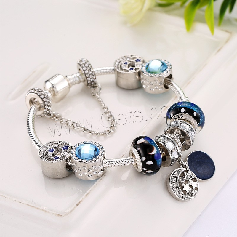 Zinc Alloy European Bracelets, with Cats Eye & Lampwork, silver color plated, different length for choice & snake chain & for woman & enamel & with rhinestone, Sold By Strand
