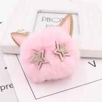 Faux Rabbit Hair Key Chain, with PU Leather & Iron, Cat, silver color plated, cute 80mm 