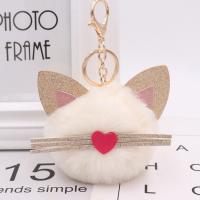 Faux Rabbit Hair Key Chain, with PU Leather & Iron, Cat, gold color plated, cute 