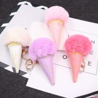 Faux Rabbit Hair Key Chain, with PU Leather & Iron, Ice Cream, gold color plated, cute 