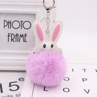 Faux Rabbit Hair Key Chain, with PU Leather & Iron, silver color plated, cute 80mm 