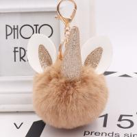 Faux Rabbit Hair Key Chain, with Sequins & PU Leather & Iron, Unicorn, gold color plated, cute 100mm 
