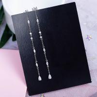 Sterling Silver Thread Through Earrings, 925 Sterling Silver, Teardrop, platinum plated, oval chain & micro pave cubic zirconia & for woman, 74mm 