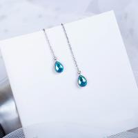 925 Sterling Silver Thread Through Earrings, with Crystal, Teardrop, platinum plated, oval chain & for woman & faceted 70mm 