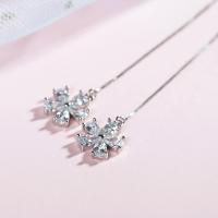 Sterling Silver Thread Through Earrings, 925 Sterling Silver, Flower, platinum plated, box chain & micro pave cubic zirconia & for woman 70mm 