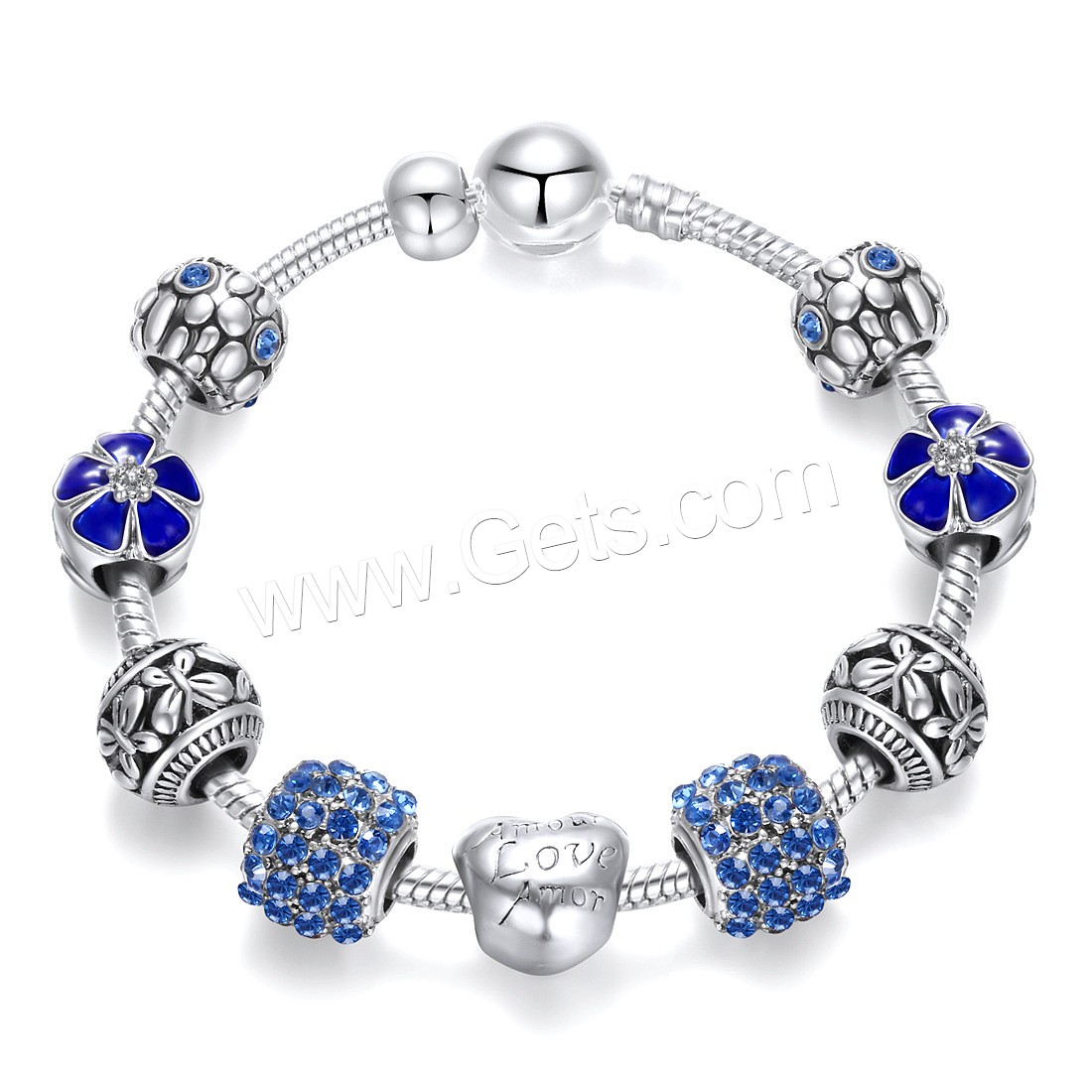 Brass European Bracelet, with zinc alloy bead, Flower, plated, different length for choice & with letter pattern & for woman & enamel & with rhinestone, more colors for choice, Length:Approx 7.5 Inch, Sold By Strand