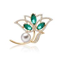 Zinc Alloy Brooch, with Freshwater Pearl, Flower, rose gold color plated, micro pave cubic zirconia 