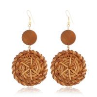 Brass Drop Earring, with Rattan & Wood, brass post pin, Flat Round, gold color plated, for woman, nickel, lead & cadmium free 