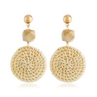 Brass Drop Earring, with Rattan & Wood, brass post pin, Flat Round, gold color plated, for woman nickel, lead & cadmium free 