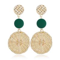 Brass Drop Earring, with Rattan & Wood, Flat Round, gold color plated, for woman nickel, lead & cadmium free 