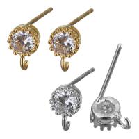 Brass Earring Drop Component, Flat Round, plated, with loop & micro pave cubic zirconia 0.8mm Approx 1mm 