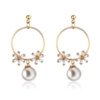 Brass Drop Earring, with ABS Plastic Pearl, real gold plated, micro pave cubic zirconia & for woman 