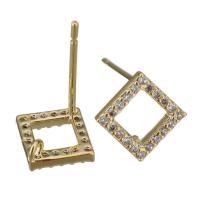 Brass Earring Drop Component, Rhombus, real gold plated, with loop & micro pave cubic zirconia 0.8mm Approx 1mm 