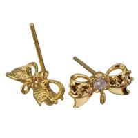 Brass Earring Drop Component, Bowknot, real gold plated, with loop & micro pave cubic zirconia 0.8mm Approx 1mm 