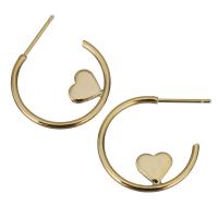 Brass Stud Earring, Heart, real gold plated, without stopper 0.8mm 